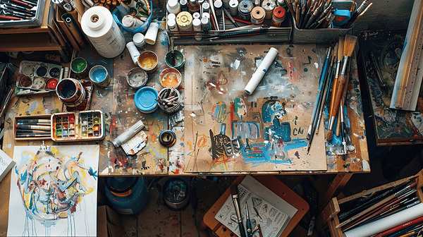 Art supplies on a table with soft lighting